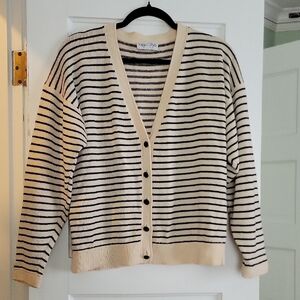 Vintage St. John Knits Black Cream Striped Oversized Nautical Cardigan - M